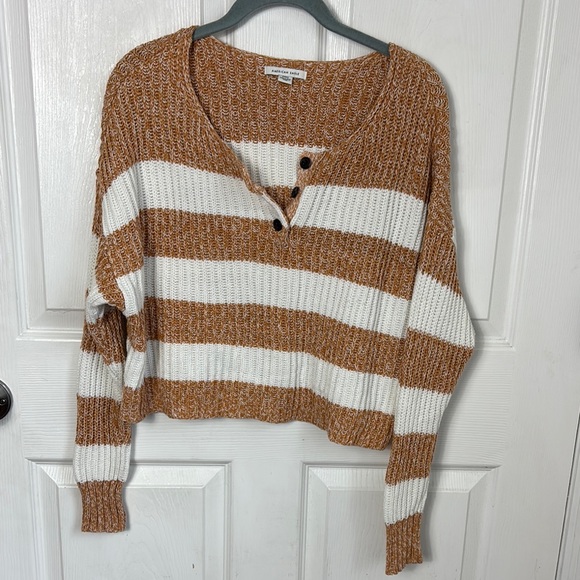 American Eagle Outfitters Sweaters - American Eagle Striped Tan and White Women's Slightly cropped Sweater sz Small